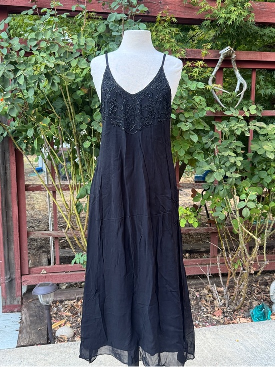 Vintage Dresses & Skirts - Vintage Black Beaded V-Neck Slip Dress